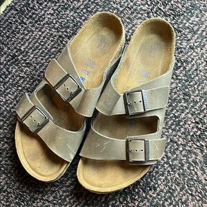 Birkenstock Tan Sandals with Blue Logo